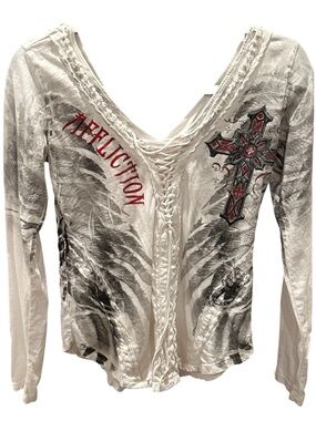 Affliction White Lace-Up V-Neck Long Sleeve Top with Cross & Distressed Graphic